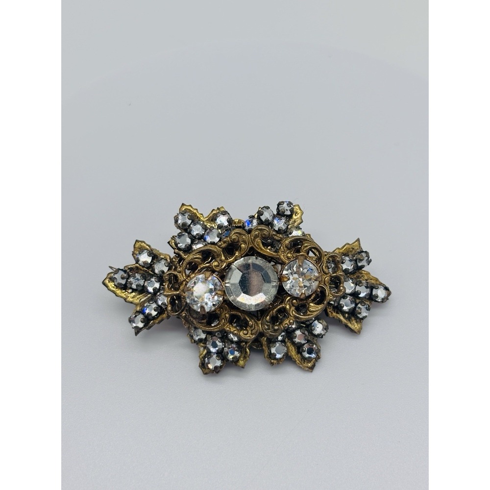 Vintage Signed Miriam Haskell, Open Metal Work And Clear Rhinestone Brooch
